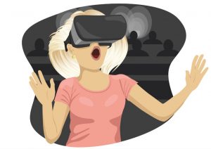 young woman with virtual reality goggles in cinema